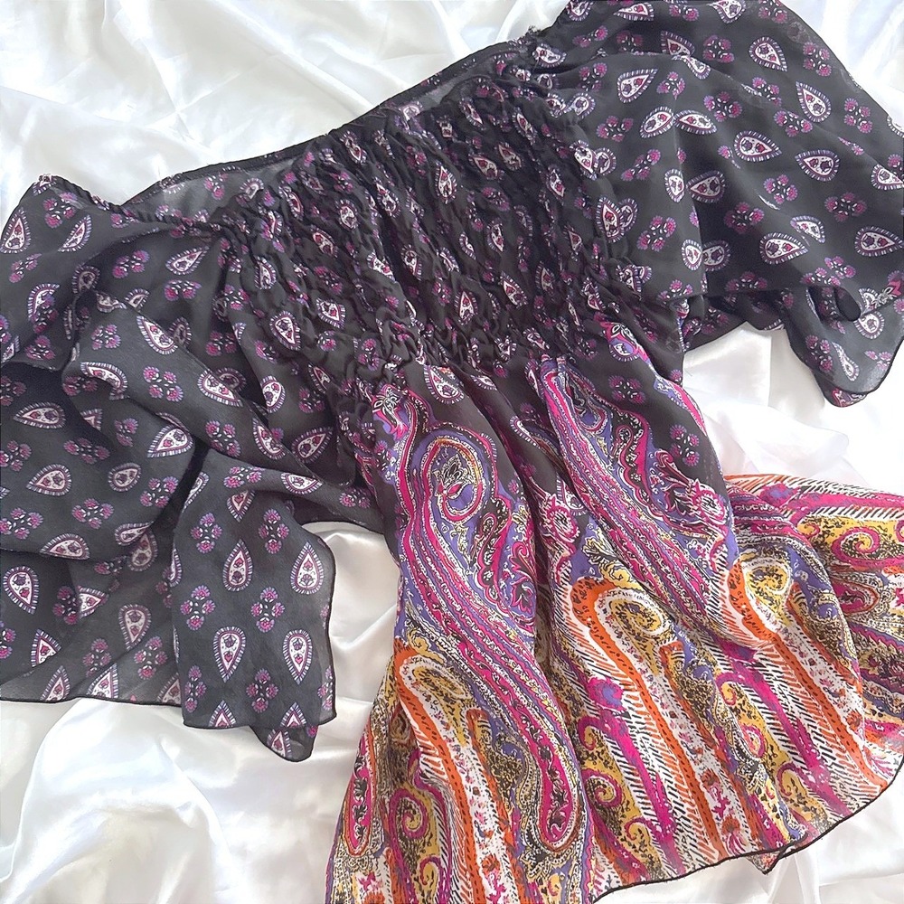 Serenade Mori Woman Paisley Smocked Off Shoulder Blouse Black Multi 1X Boho